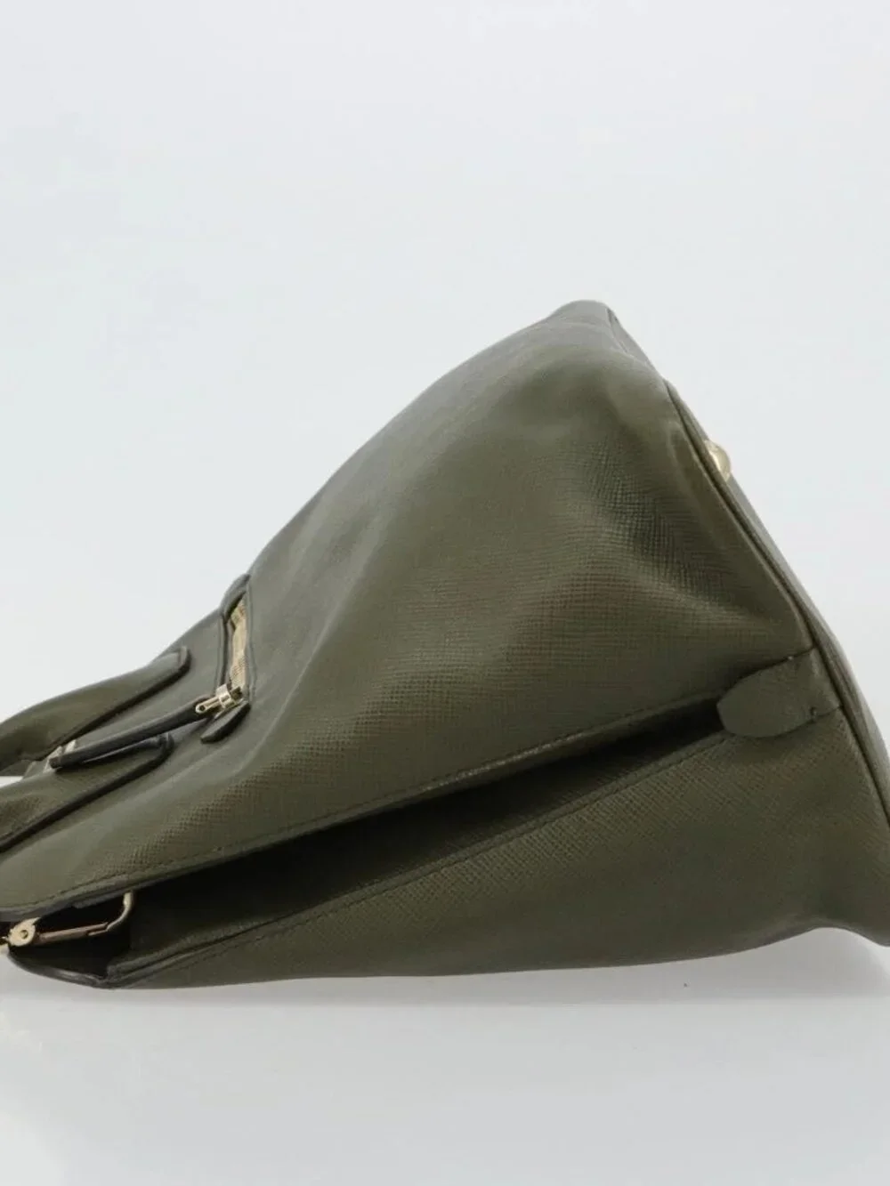PRADA Cuir Open Promenade Satchel Bag Saffiano 2way Khaki Gold Auth